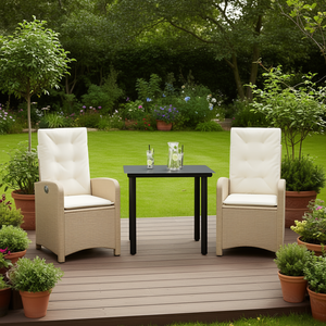 Ensemble de salle à manger de jardin beige avec table noire, coussins crème, meubles d'extérieur en rotin, design contemporain pour 2 personnes - Product Image 2