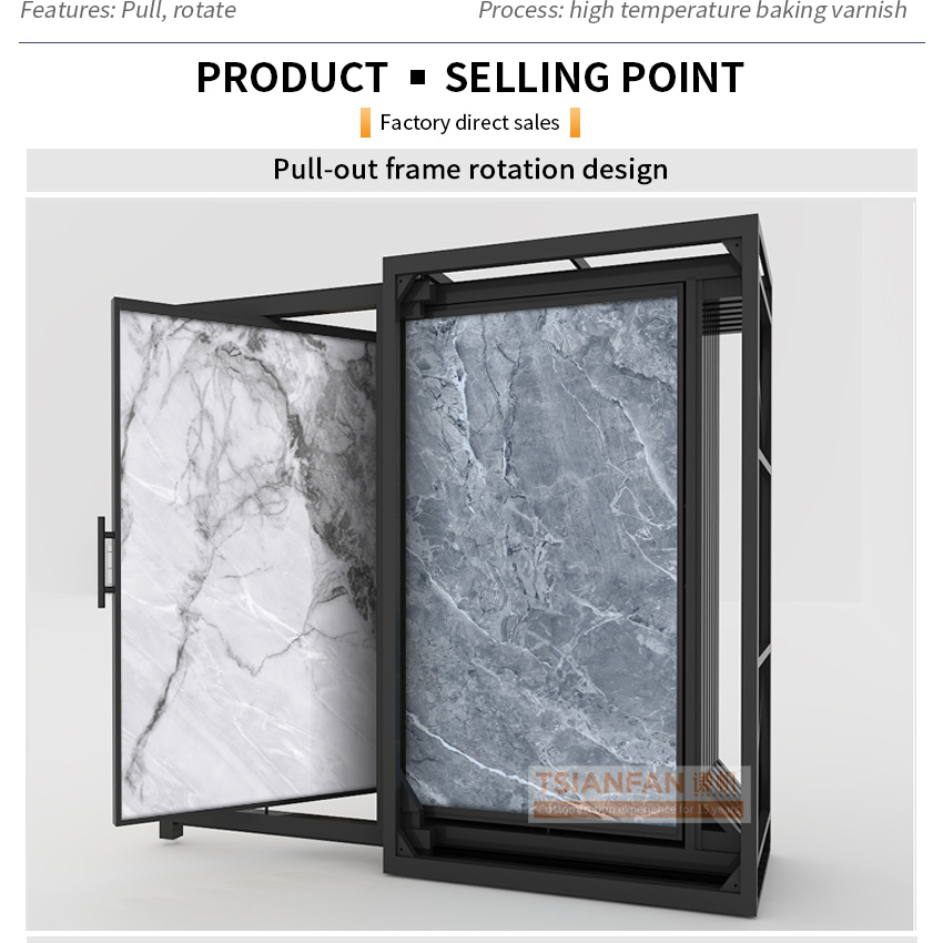 Tsianfan rotating tile rotate stone display stand design metal slab tile floor brick display case stone display rack