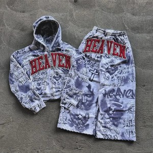 Thick Cotton French Terry Heavy Fleece Heayvweight 100% Cotton Dtg Custom All Over Print Flared Jogger Pants and Hoodie <b>Set</b> - Product Image 6