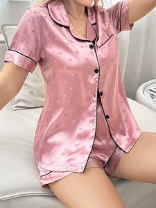 <span class=keywords><strong>Pijamas</strong></span> de Satén de Lujo para Mujer, Estampado de Corazones, Ropa de Dormir Similar a la Seda, Manga Corta, Botones, Conjunto de Ropa para Estar en Casa - Product Image 4