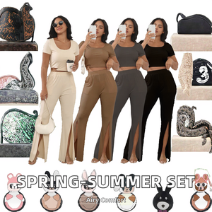 Conjunto de pantalones divididos informales elegantes para mujer 211432 Primavera Verano cuello transpirable manga corta moda Color sólido cintura elástica - Product Image 2