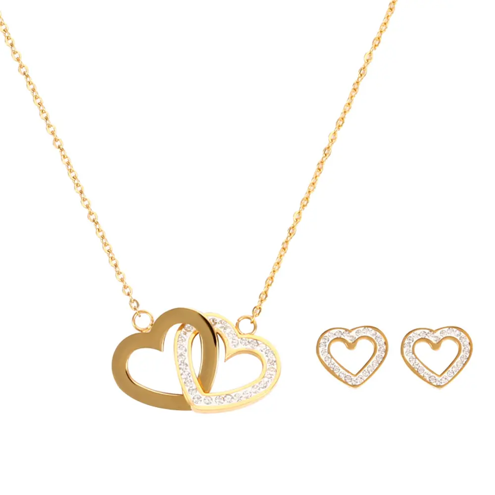 Wholesale Popular Jewelry 18K Gold Plated Simple Double Heart Stainless Steel Zircon Jewelry Set For Women