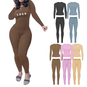 Wholesale Custom Logo Women Clothing Cotton Ribbed Long Sleeve Legging 2 Piece Sets Loungewear Outfits 2 Pieces Women Sets