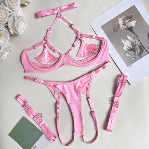 ZZYUP 6628DR Conjunto de Lencerí<span class=keywords><strong>a</strong></span> Fetiche Sensual con Borlas Sostén Abierto Transparente Ropa Interior Erótica Sexy Íntima sin Entrepierna - Product Image 4