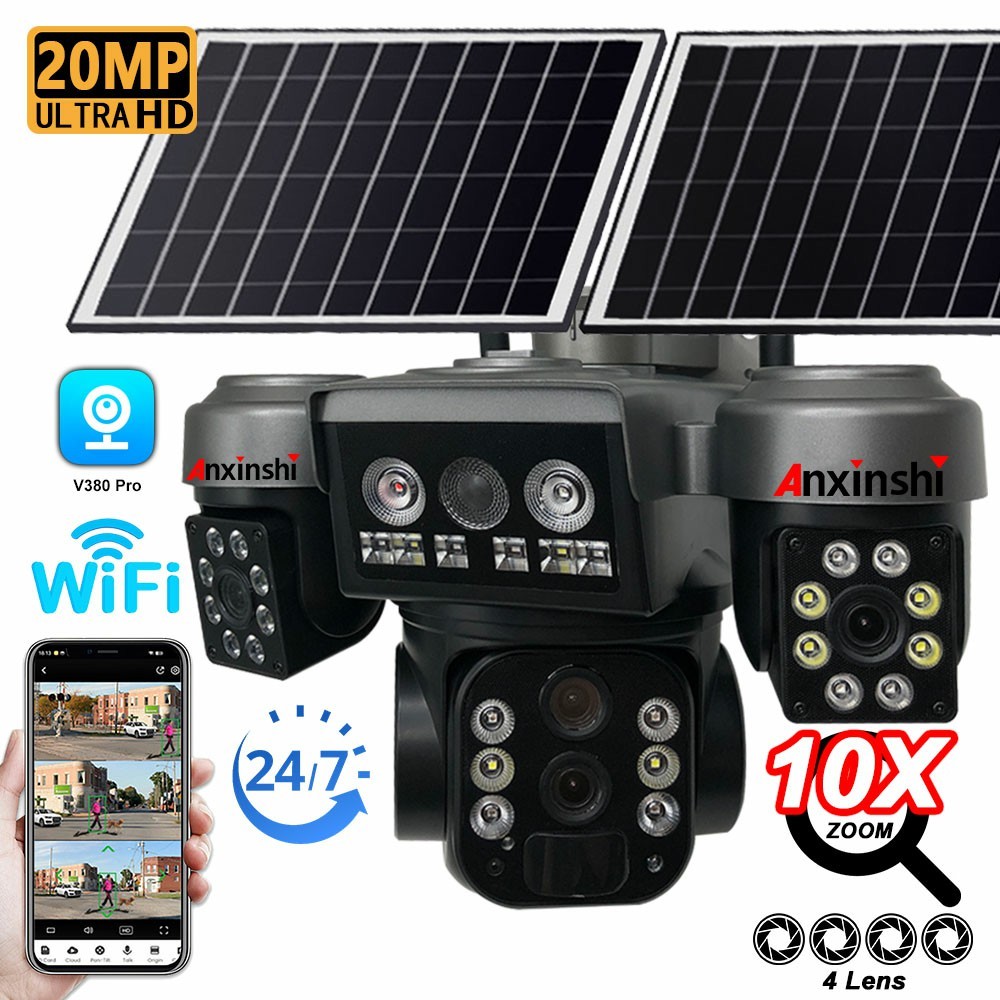 4G/WiFi <strong>Solar</strong> <strong>CCTV</strong> <strong>Camera</strong> with 4 Lenses for Enterprise & Household Use Offers Warehouse Safety Support Memory Card Storage