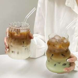 Vasos de Vidrio Acanalados con Tapas y Pajitas, Vasos Únicos para Café Helado, Diseño Vintage de 18 oz, Vasos Ondulados Ideales para Café con Pajitas - Product Image 3