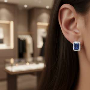 Pendientes Clásicos Rectangulares de Circonita con Piedras Azules de Corte Esmeralda, Engaste de Garra, Halo de Diamantes, Cobre, Joyería Fina para Mujer E801 - Product Image 2