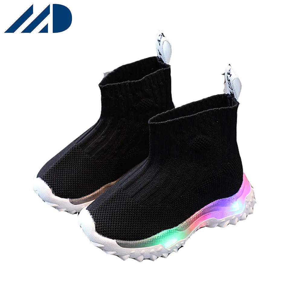 Nova moda crianças malha levou meias luminosas sapatos meninos correndo tênis respirável meninas acender sapatos casuais
