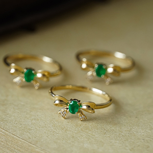 Aazuo 18K Solid Yellow Gold Real Diamonds Natural Emerald Everyday Wear Lovely Bowknot <b>Ring</b> Gift For Ladies <b>Kids</b> Birthday Party - Product Image 3