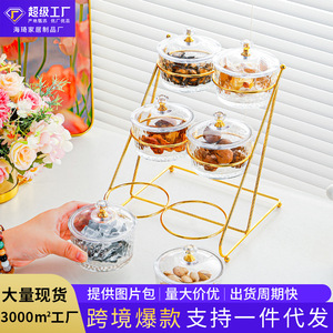 Ensemble de plats à collation en verre à plusieurs niveaux avec couvercles, design géométrique, multifonctionnel pour la maison, le salon, la table basse, plateau à fruits - Product Image 5