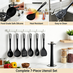 7 Pieces Food Grade <b>Silicone</b> Kitchen Utensils Black Heat Resistant Non‑Stick Cooking Tool Set with Rotating Storage Stand - Product Image 4