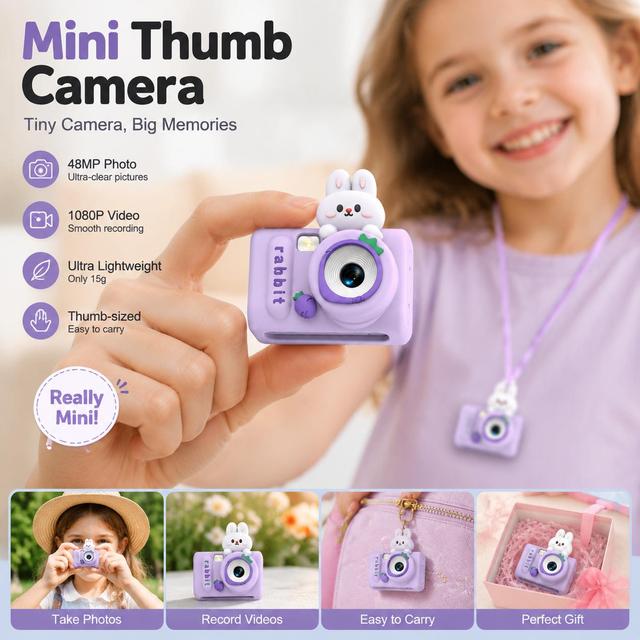 Mini Camera for Kids Rabbit Design 48MP Digital Camera 1080P Video Recorder Thumb Size Camera with 4X Zoom for Toddler