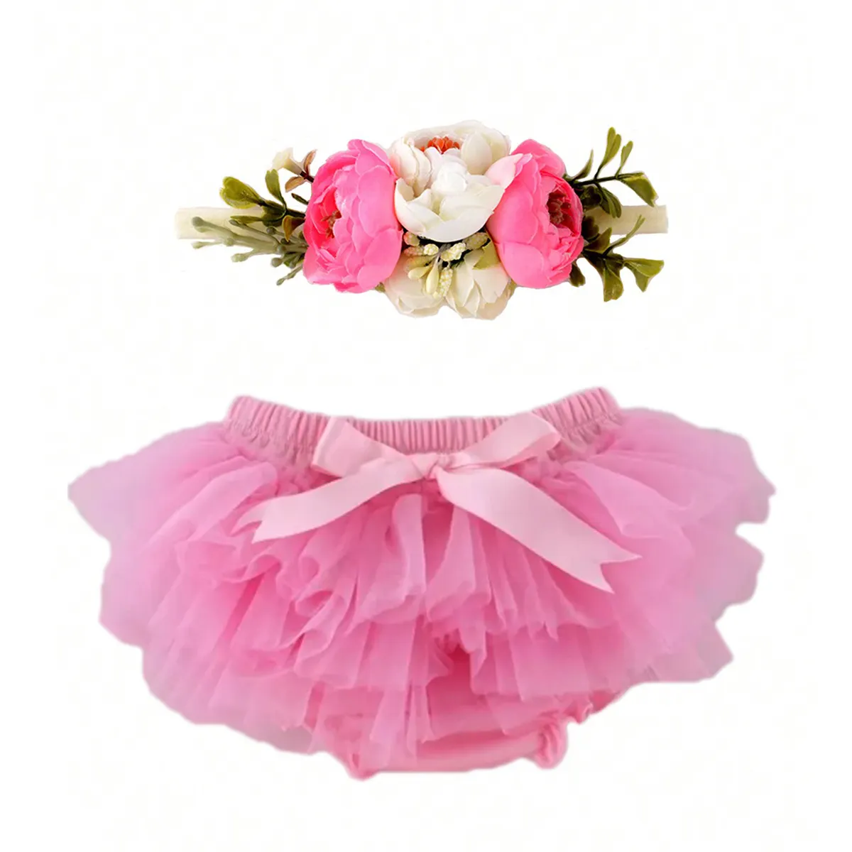 Boutique Baby Girls Tutu Bloomers Pañal Cover Newborn Soft Fluffy Color sólido Tulle Bloomer Faldas y conjunto de diadema de flores