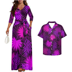 Ropa de pareja de diseño naranja, vestido informal con patrón Floral Hawaiano para mujer, Vestido largo con estampado de hojas para mujer, camisa Aloha para <span class=keywords><strong>hombre</strong></span> - Product Image 2