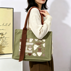 Bolsa de Mano Personalizada de Lona con Estampado de Fragmentos de Cerámica Vintage, Asa de Cinta Marrón, Bolsas Tote Cuadradas Verdes - Product Image 2
