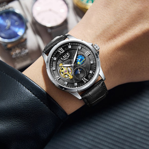 Reloj Mecánico Automático LIGE para Hombre, Cristal de Zafiro, 42 mm, Cronógrafo, Correa de Cuero Plateada y Negra, Fase Lunar, Tourbillon - Product Image 2