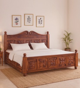 เตียงคิงไซส์ไม้ชีแชมสีน้ำตาลน้ำผึ้งพร้อมที่เก็บของใต้เตียง - Product Image 1