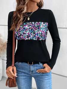 T-shirt a maniche lunghe con colori Slim personalizzati di alta qualità da donna Vintage personalizzato <span class=keywords><strong>top</strong></span> con <span class=keywords><strong>paillettes</strong></span> colorate a manica lunga - Product Image 4