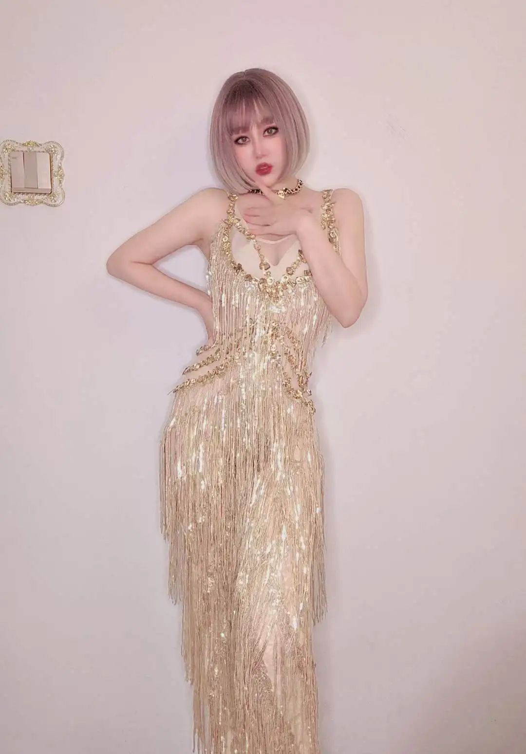 slim fit dress slacks 2024 Gatsby Gold Beaded Black Fringe Dress – Sassymyprom main image 0