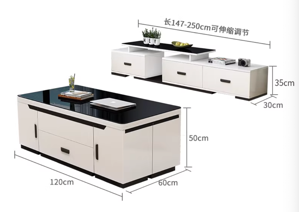 1.2m Coffee Table + TV Stand, Solid Wood w/ Black Glass