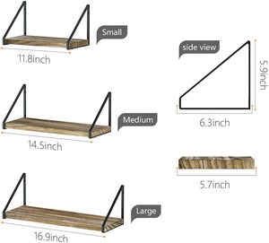 Juego de 3 estantes de almacenamiento de madera montados en la pared de cocina rústica estante de exhibición flotante de un solo nivel para bolsos joyería decoración del hogar hierro - Product Image 5