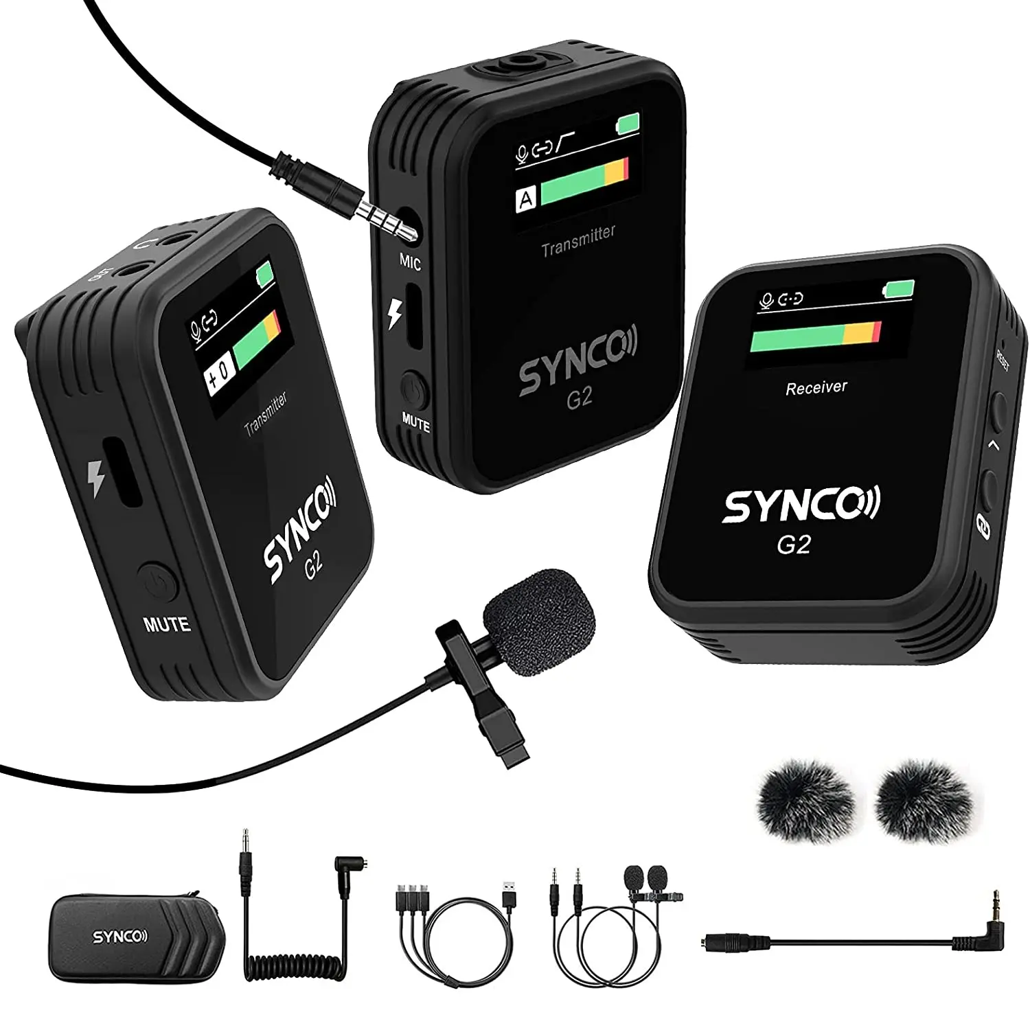 SYNCO G2(A2) Mikrofon Lavalier Nirkabel 2.4GHz Sistem Layar TFT dengan 1 Penerima 2 Mikrofon Tanpa Kabel Synco Pemancar