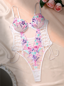 Combinaison sexy pour femme en dentelle florale brodée, maille transparente légère, push-up, lingerie transparente tentante, bretelles réglables, romantique - Product Image 2