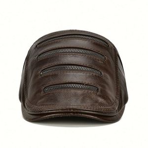 Nouveau design, casquette Ivy à fermeture éclair, en cuir véritable, décontractée, pour homme, hiver, extérieur, chapeau chaud - Product Image 2