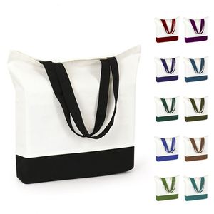 Two Tone <b>Plain</b> <b>Canvas</b> Tote Bag with Zipper <b>Large</b> Capacity Color Block Shoulder Bag for Daily Grocery Storage Use - Product Image 1