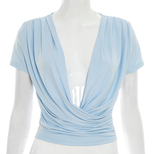 Viviblook Y26TP230 Camiseta Casual de Verano para Mujer, Nueva Moda, Color Sólido, Manga Corta, Sexy, Cuello Cruzado, Top de Manga Corta - Product Image 1