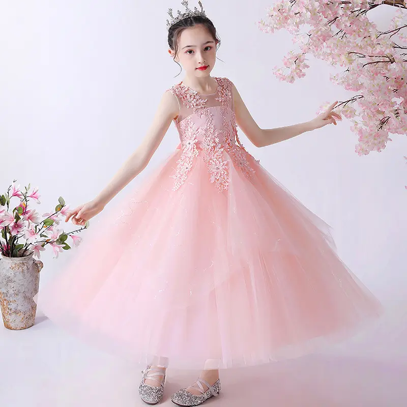 Roupas de criança design fantasia flores princesa vestido longo frock para crianças roupas de festa