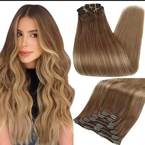 Extensiones de cabello humano Remy 100% real con clip, sin costuras, para toda la cabeza, cabello liso, puntas gruesas, negro natural, para maquillaje. - Product Image 5