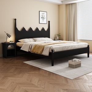 Hang Qian <b>Solid</b> <b>Wood</b> Bed 1.5M 1.8M Black Mid Century Modern Master Bedroom Furniture Double Bed - Product Image 1