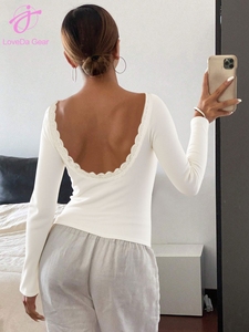 Loveda Groothandelsprijs Dameskleding Effen Kleur Sexy Spicy Girl Rugloze Gecombineerde Kant Pit Stripe Slim Fit Langarm Top - Product Image 2