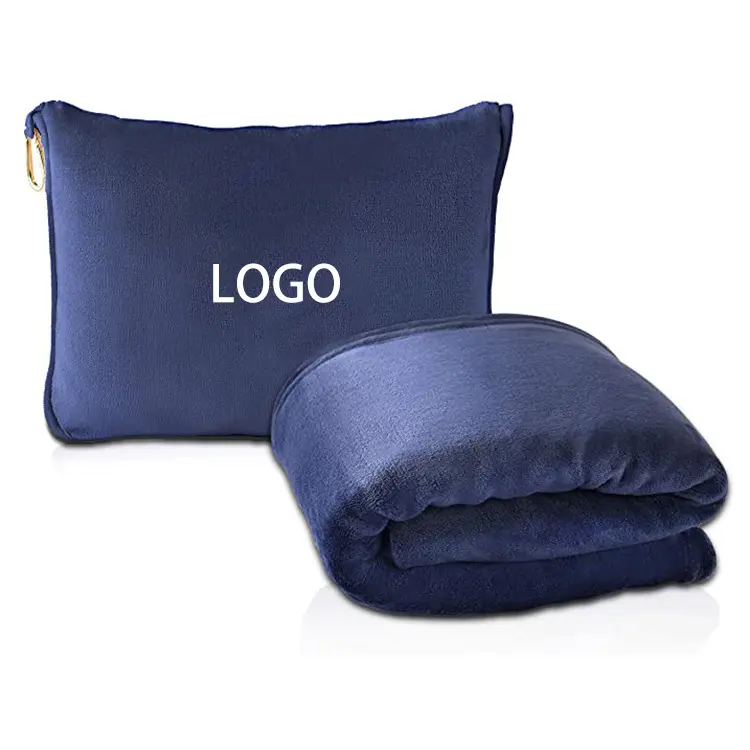 Logotipo personalizado bordado flanela, macia para viagem, fleece, cobertor para viagem, 2 em 1, conjunto de travesseiro, avião