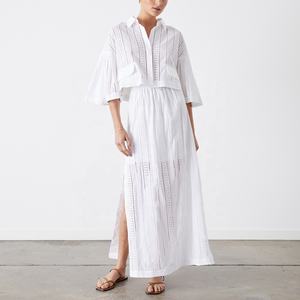 Vêtements en lin deux pièces ensemble jupes femmes <span class=keywords><strong>grande</strong></span> <span class=keywords><strong>taille</strong></span> revers évider Blouses dames costume décontracté respirant demi manches haut court - Product Image 3