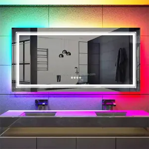 현대 벽걸이 형 장식 거울 스마트 RGB 색상 변경 LED 백라이트 욕실 메이크업 거울 조명 및 Defogger