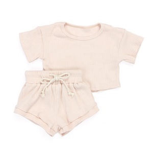 Minimalizm tasarım yürümeye başlayan çocuklar bahar yaz giysileri kısa kollu beraberlik dize nervürlü pamuk Unisex bebek erkek giyim seti - Product Image 3