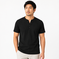 Kemeja Kasual Tekstur Waffle Label Pribadi ODM untuk Pria dengan Kerah Henley Lengan Pendek dan Dua Kancing untuk Liburan Resort