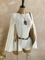 Pull en tricot crocheté style bohème coréen pour femme, blanc, col rond, manches cloche, coupe moulante, tenue de plage (personnalisable, anti-plis)