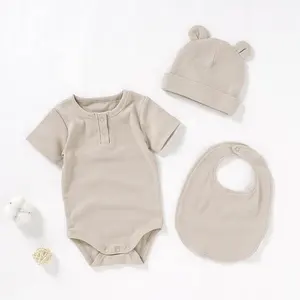 0-12m Organic Soft Knitted Baby Romper Bibs Hat 3pcs Set Gift Set For Newborn Baby