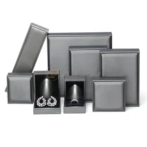 Wholesale Price Grey PU Leather Luxury Design Ring Pendant Bracelet Bangle Led Jewelry Boxes With Logo Customized