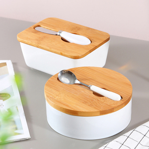 Tùy Chỉnh Lớn Vòng Hình Chữ Nhật Gốm Bơ Món Ăn Với Dao Và Nắp Gỗ Bơ <span class=keywords><strong>Container</strong></span> Hộp Bơ - Product Image 3