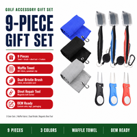 Kit d'accessoires de nettoyage de golf OEM 9 pièces : Serviette gaufrée, Brosse à rainures, Outil de réparation de divots, Marqueur de balle