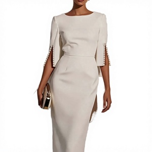 Robe décontractée tricotée unie à col rond, longueur genou, coupe trapèze, anti-plis, haut de gamme, vente en gros, usine OEM/ODM - Product Image 3