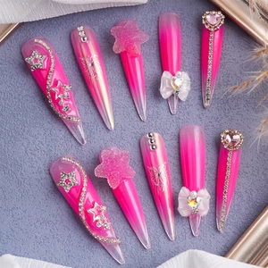 <span class=keywords><strong>Uñas</strong></span> Postizas Largas Tipo Stiletto, Color Rosa Claro con Estampado de Leopardo, Brillantes Plateadas, Triangulares Negras, Color Sólido Brillante, con Pegamento, Venta al Por Mayor - Product Image 3