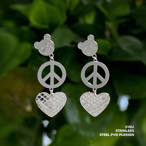 ต่างหูแฟชั่นทรงหยดน้ำ สแตนเลส 316L ชุบทอง PVD ลายหัวใจ สัญลักษณ์สันติภาพ ดีไซน์มิกกี้เม้าส์ - Product Image 3