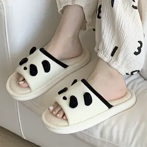 Zapatillas con plantilla de lino cómodas para interiores y exteriores al por mayor, Zapatillas de casa con forma de Panda y animales sin cordones suaves de espuma viscoelástica