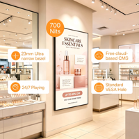 Écran commercial ultra-fin 4K de 23 mm pour magasin de détail |   Écran intelligent 700 nits avec fonction de séparation d'écran, Android, Windows, CMS Cloud gratuit pour exposition