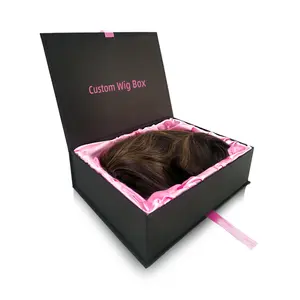 Kotak kemasan Wig rambut kardus hitam merah muda kustom kotak magnetik Label pribadi untuk Wig dan ekstensi